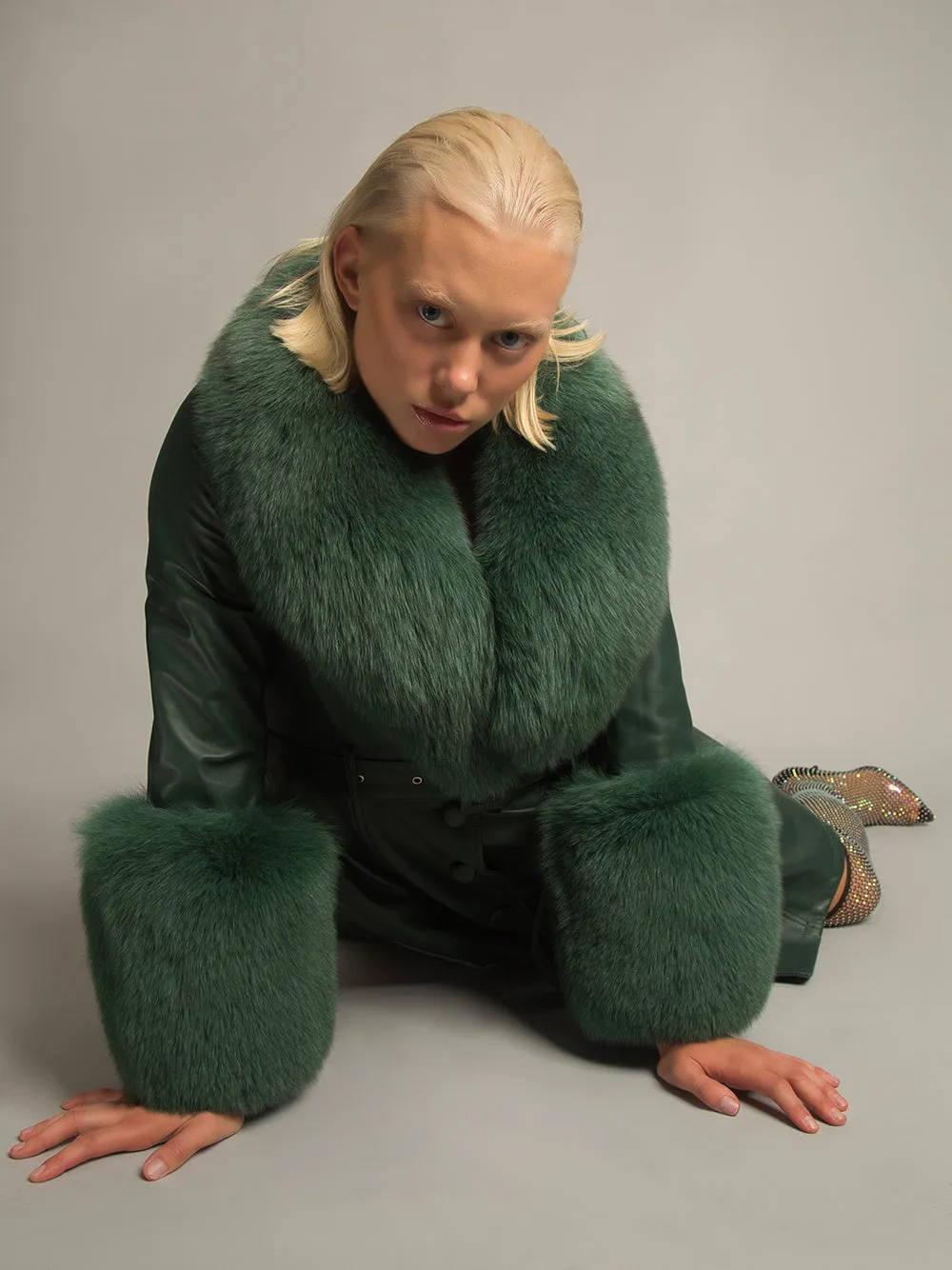 Foxy Leather Coat w/ Fox Fur In Deep Green