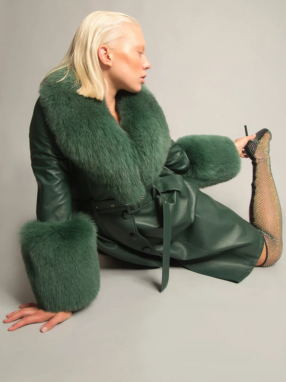 Foxy Leather Coat w/ Fox Fur In Deep Green