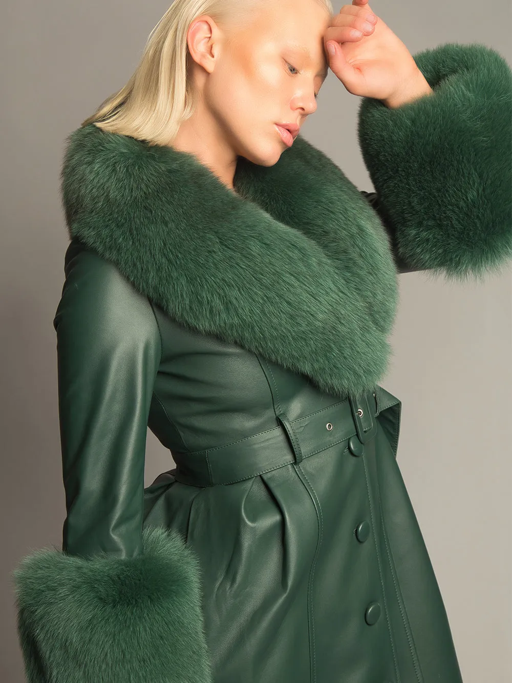 Foxy Leather Coat w/ Fox Fur In Deep Green