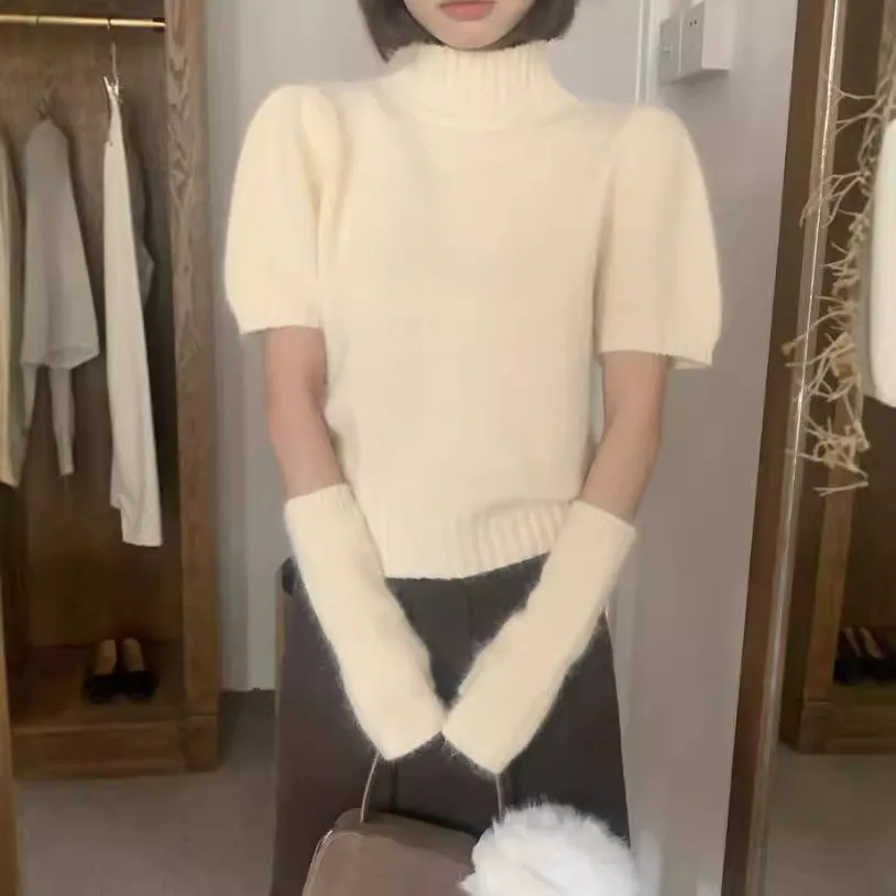 Girlary-shop fall brunch outfit Korean Style Gentle Sweet Soft Glutinous Rabbit Fur Knitted Blended Half Turtleneck Puff Sleeve with Oversleeves Chic Sweater