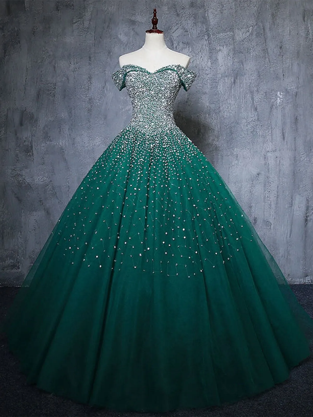 Gorgeous Off Shoulder Beaded Green Tulle Long Prom Dresses, Beaded Green Formal Evening Dresses, Beaded Ball Gown