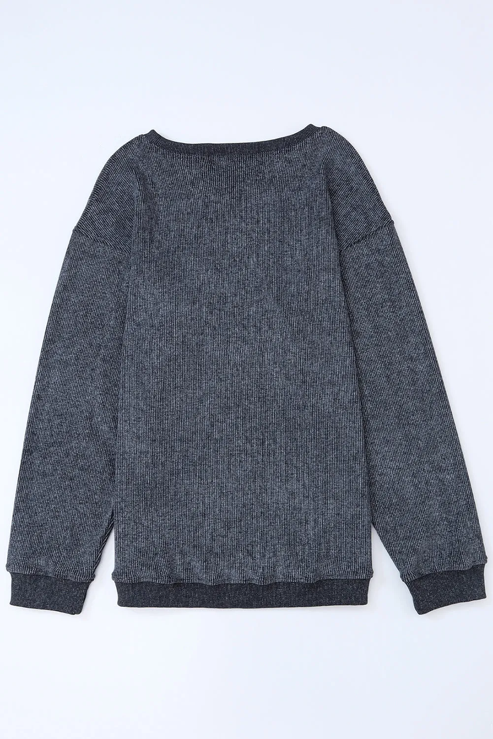 Gray Solid Ribbed Knit Round Neck Pullover Sweatshirt