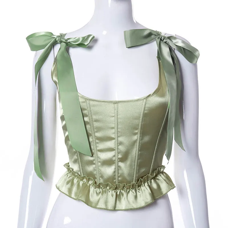 Green Ruffled Silk Lace-up Waist Top