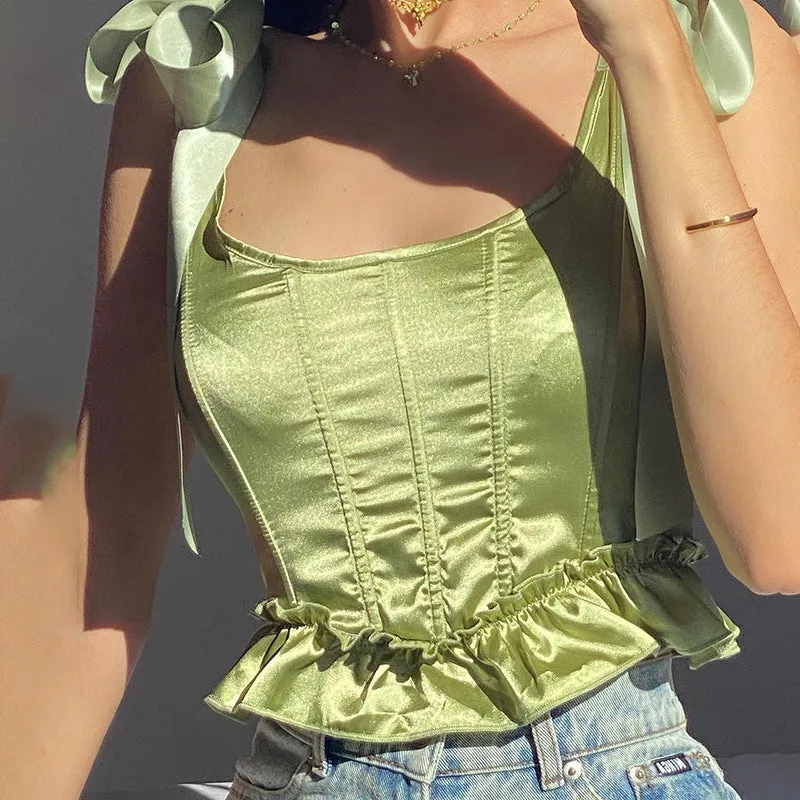 Green Ruffled Silk Lace-up Waist Top