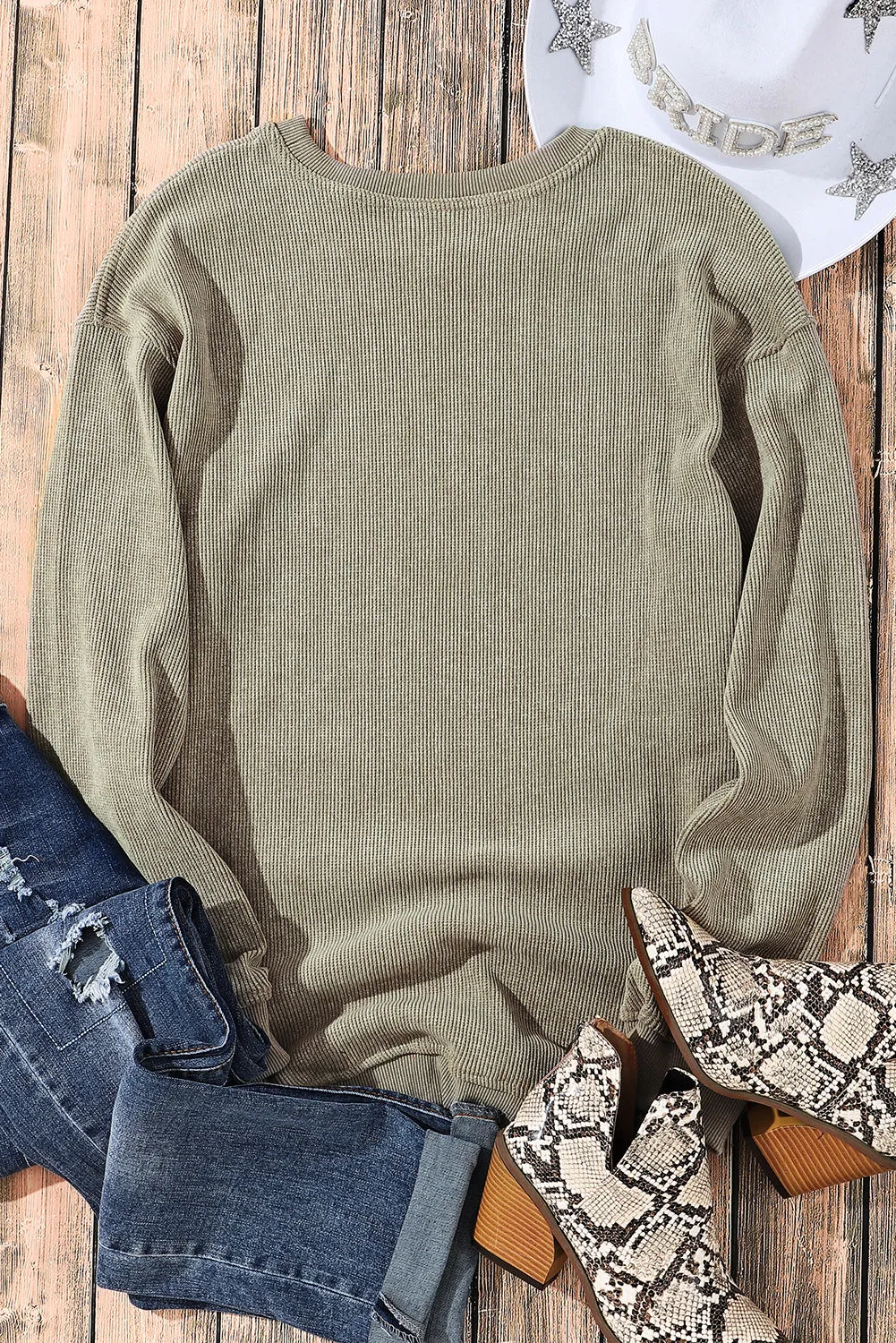 Green Solid Ribbed Knit Round Neck Pullover Sweatshirt