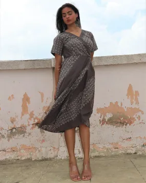 Grey Blockprinted Wrap Cotton Dress