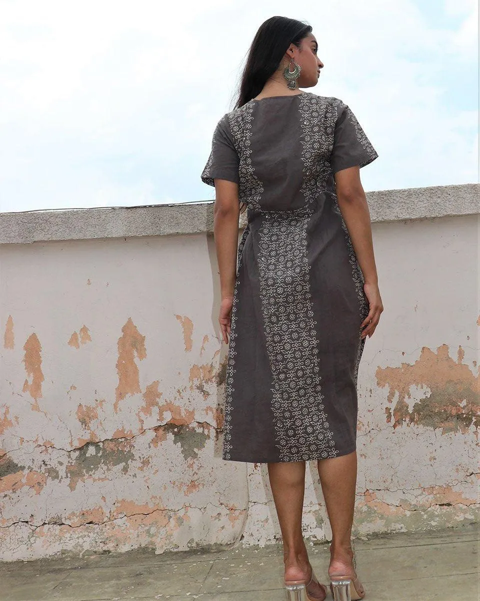 Grey Blockprinted Wrap Cotton Dress