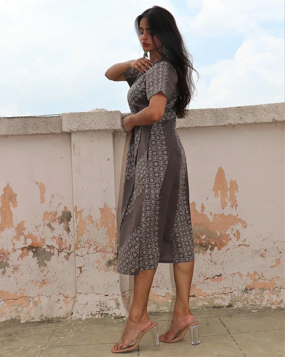 Grey Blockprinted Wrap Cotton Dress