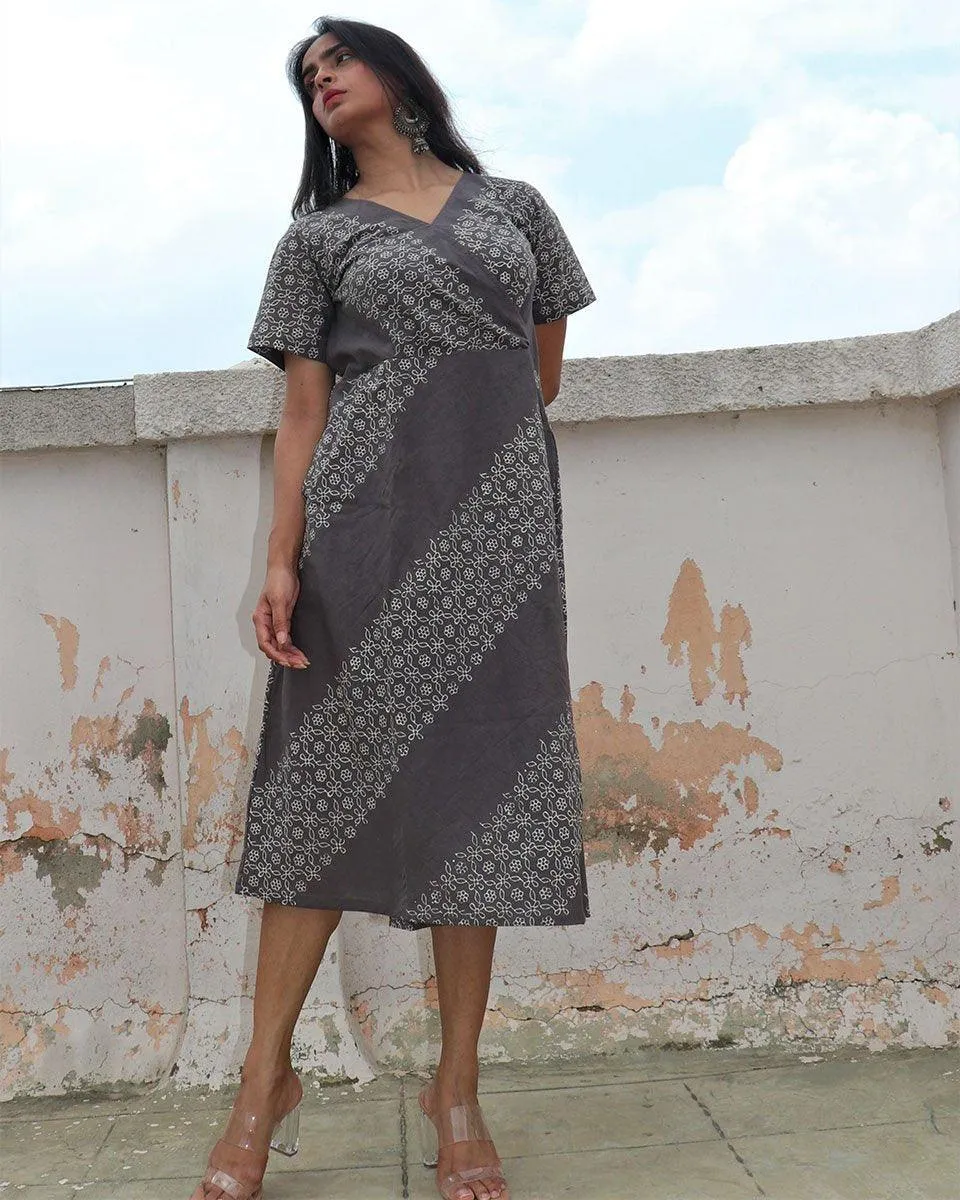 Grey Blockprinted Wrap Cotton Dress