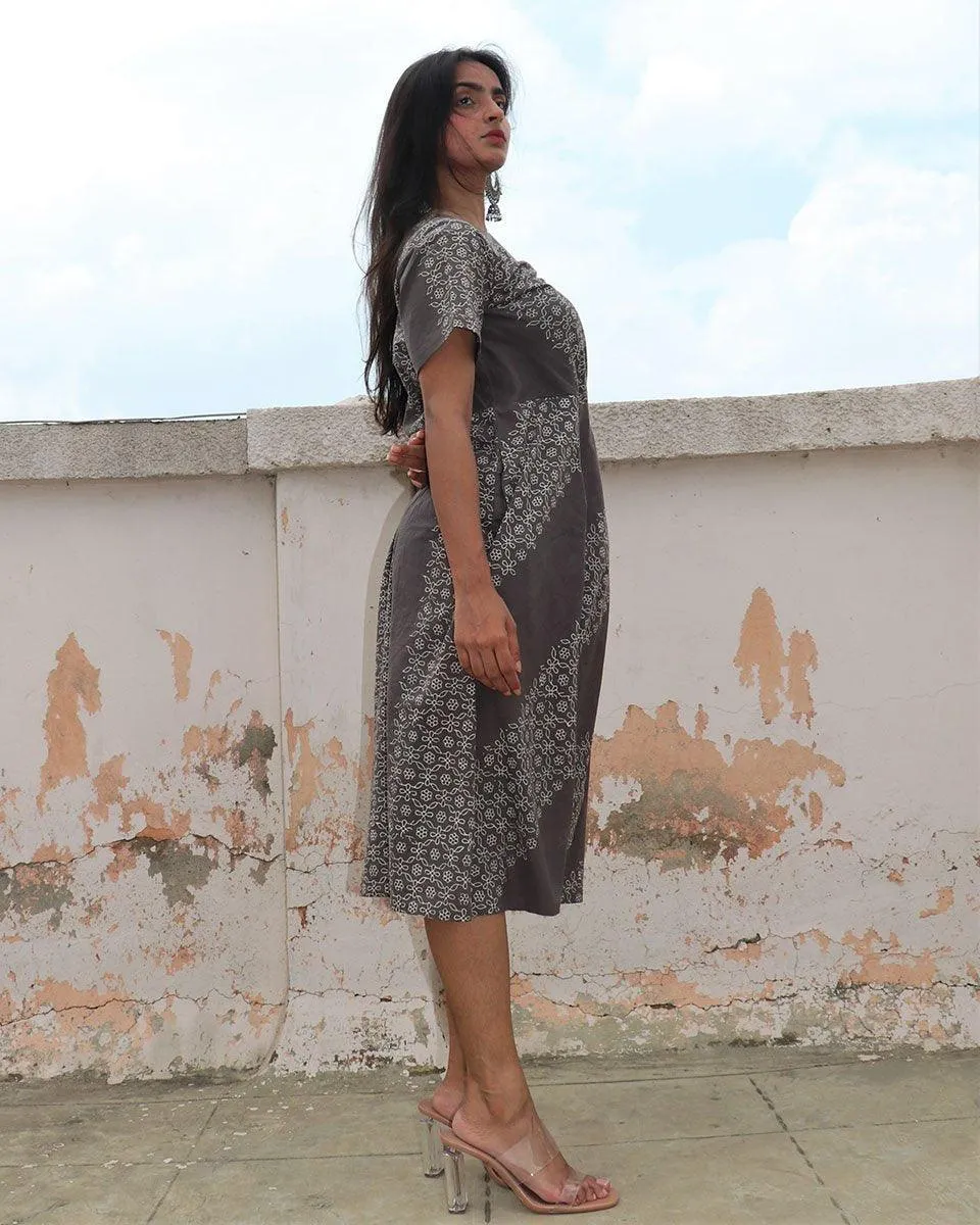 Grey Blockprinted Wrap Cotton Dress