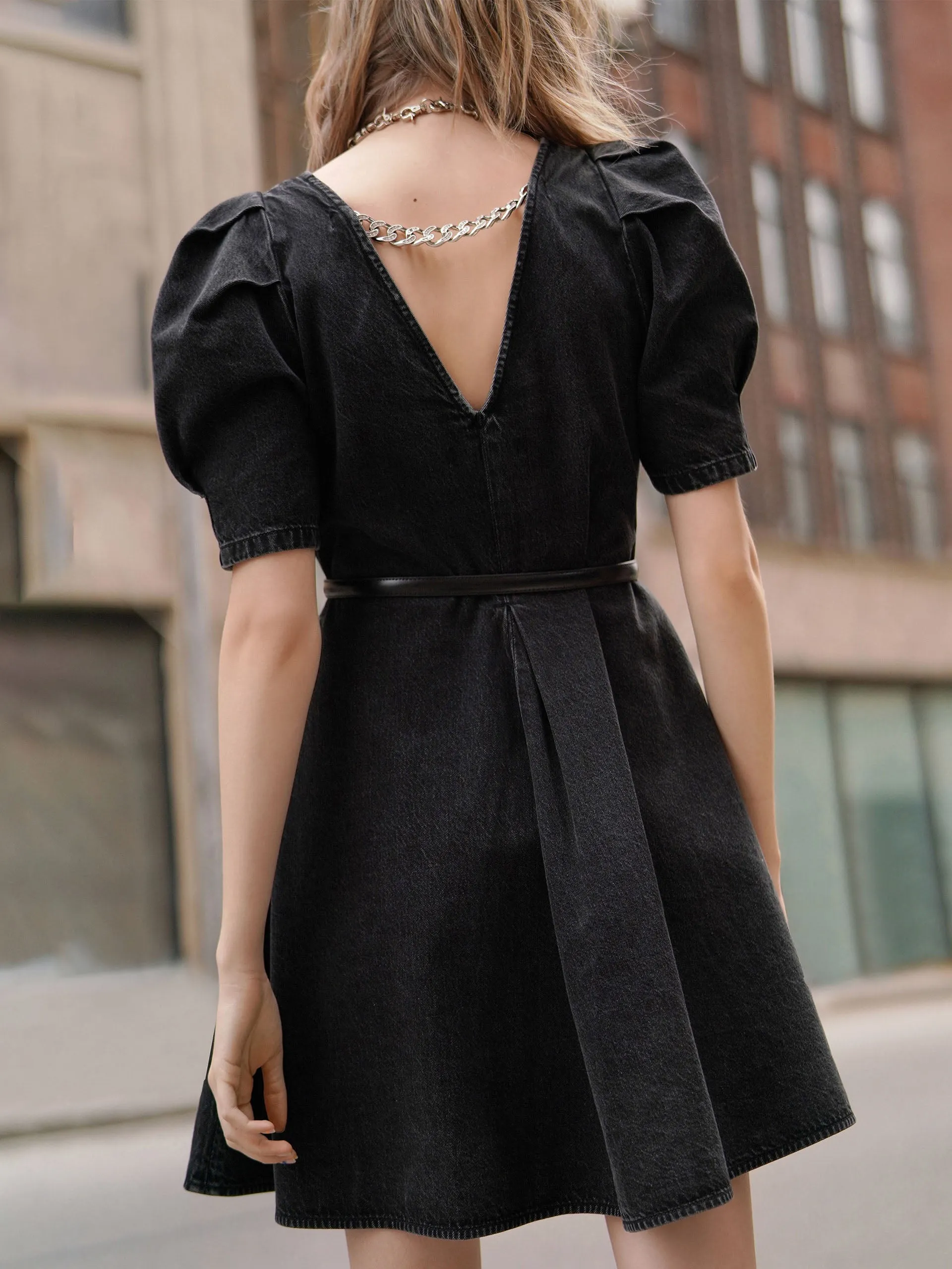 HOT SALE V-neck Puff Sleeve Denim Dress