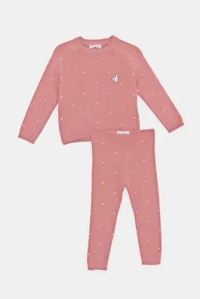 Infant Girls Pink Embellished Pullover And Legging Knitted Set (2 Piece)