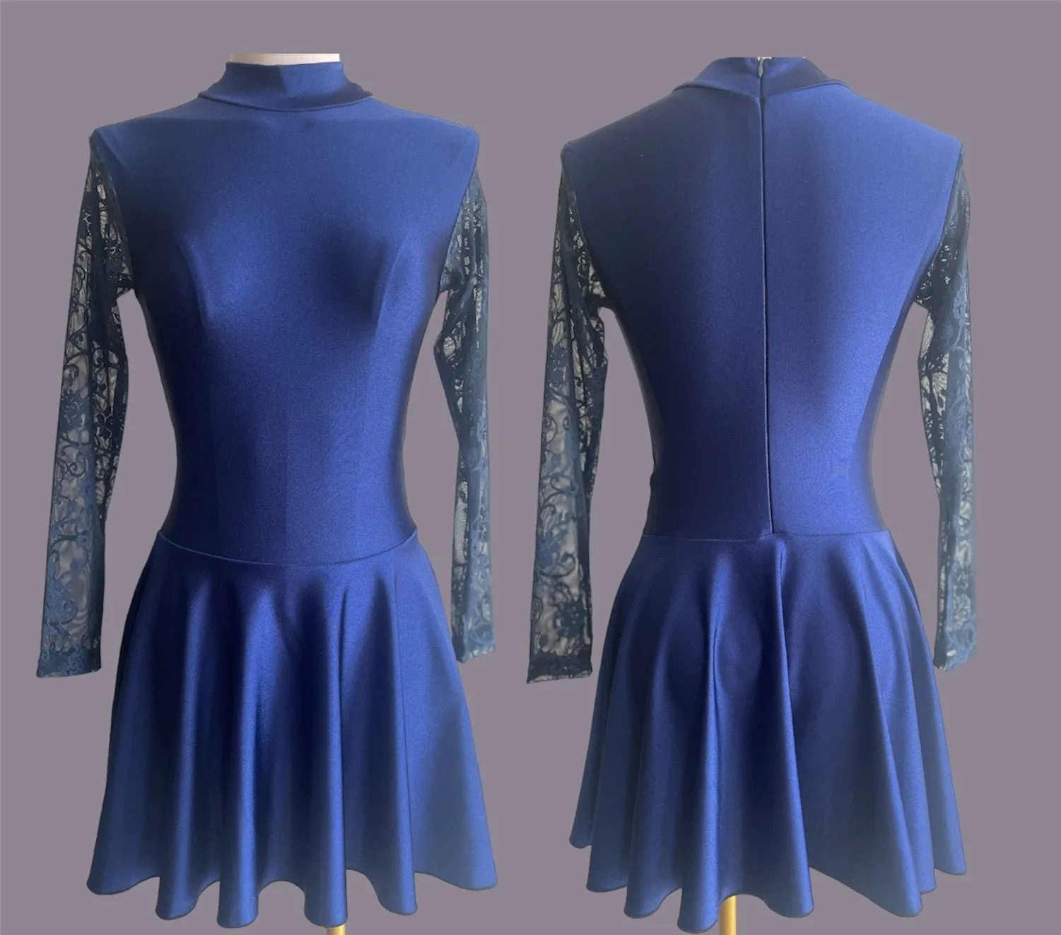 Irish Dance NAVY Lycra Skirted Leotard / All in One Lace Sleeves Dress