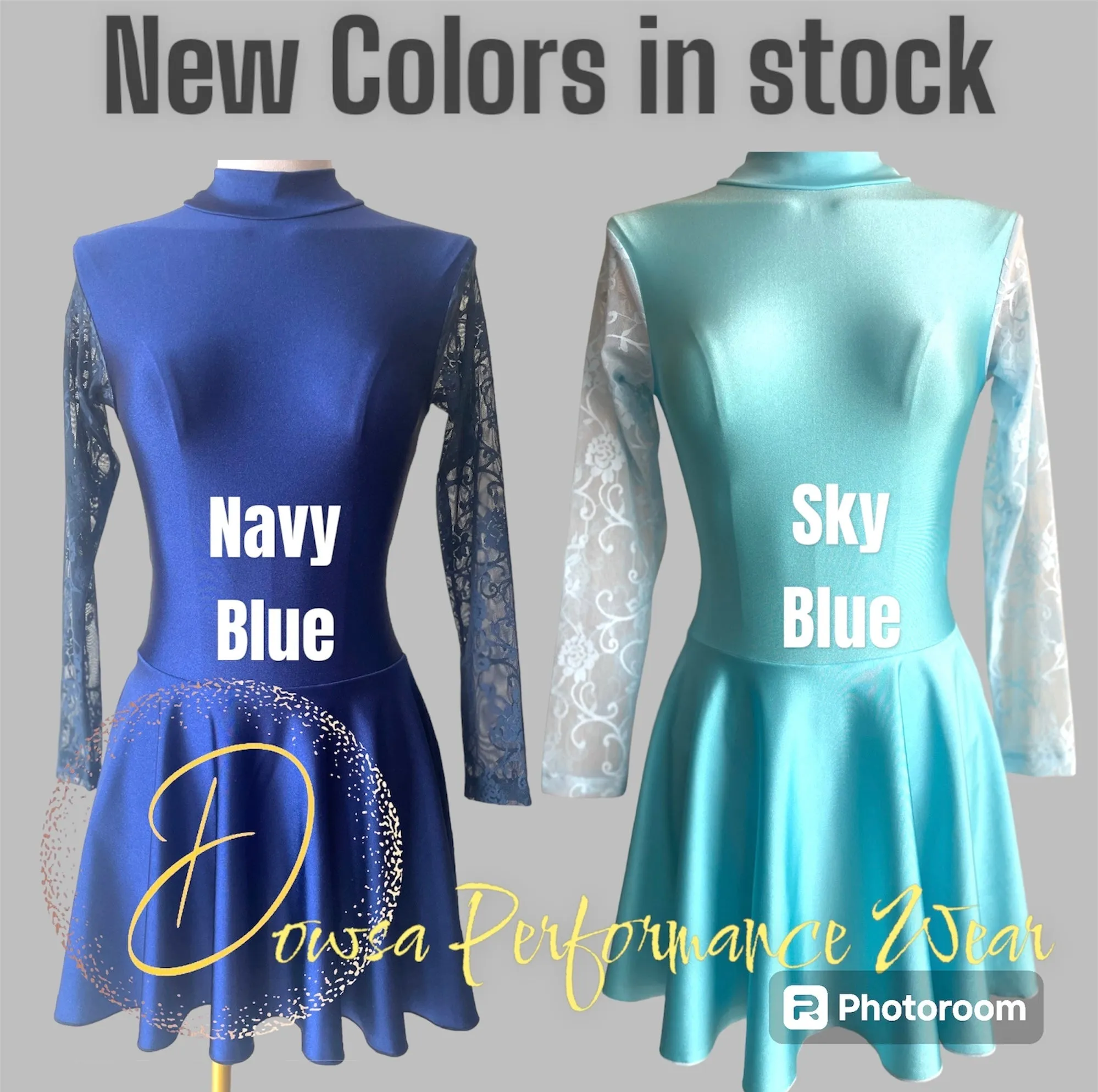 Irish Dance NAVY Lycra Skirted Leotard / All in One Lace Sleeves Dress