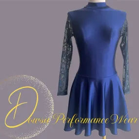 Irish Dance NAVY Lycra Skirted Leotard / All in One Lace Sleeves Dress