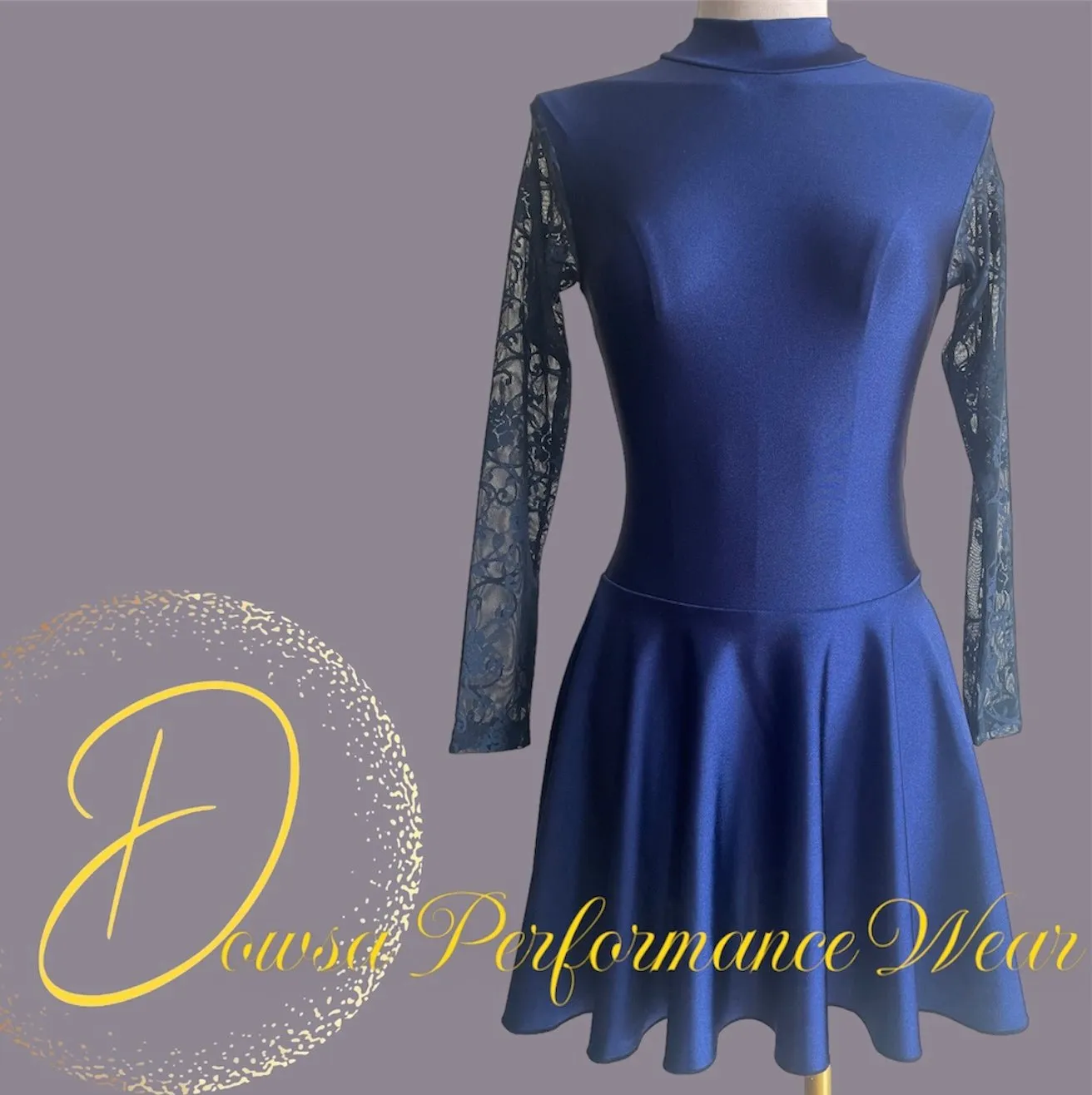 Irish Dance NAVY Lycra Skirted Leotard / All in One Lace Sleeves Dress