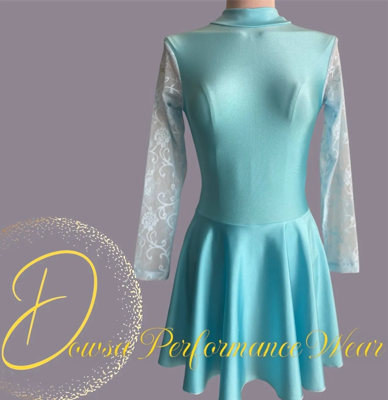 Irish Dance SKY BLUE Lycra Skirted Leotard / All in One Lace Sleeves Dress