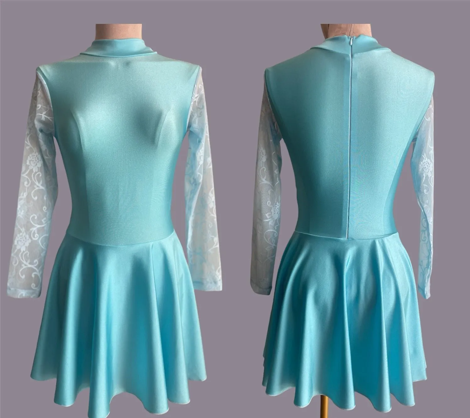 Irish Dance SKY BLUE Lycra Skirted Leotard / All in One Lace Sleeves Dress