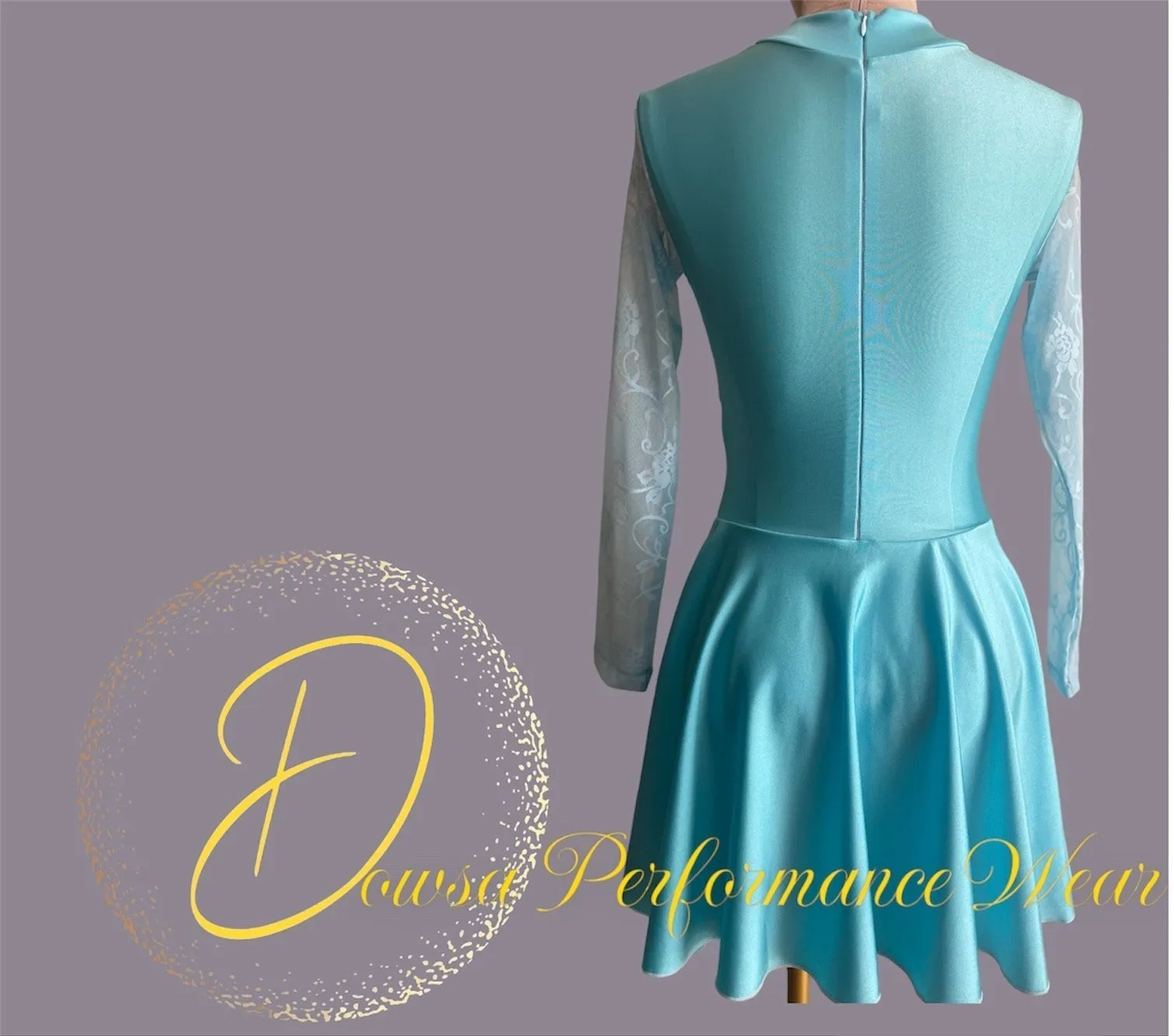 Irish Dance SKY BLUE Lycra Skirted Leotard / All in One Lace Sleeves Dress