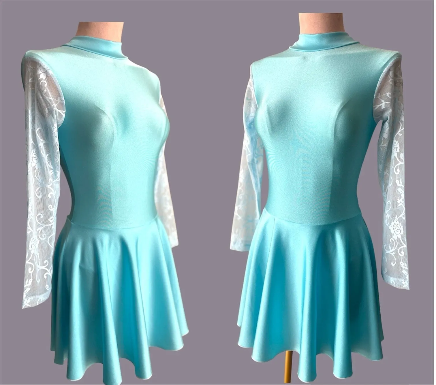 Irish Dance SKY BLUE Lycra Skirted Leotard / All in One Lace Sleeves Dress