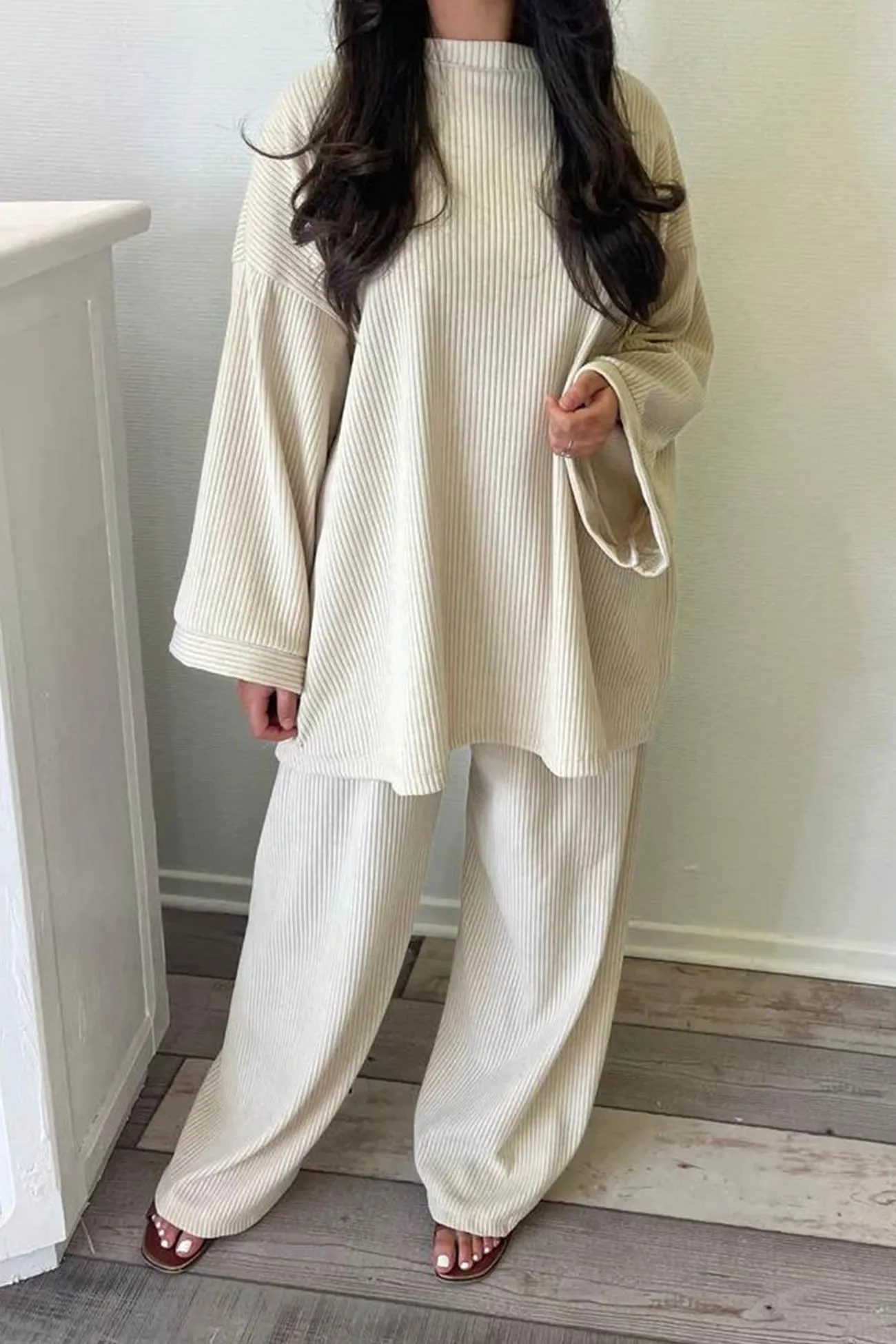 Joskaa Solid Corduroy Loose Pullover Set