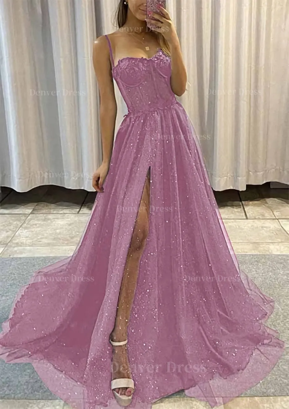 kamahe A-line Sweetheart Spaghetti Straps Sweep Train Tulle Glitter Prom Dress With Appliqued