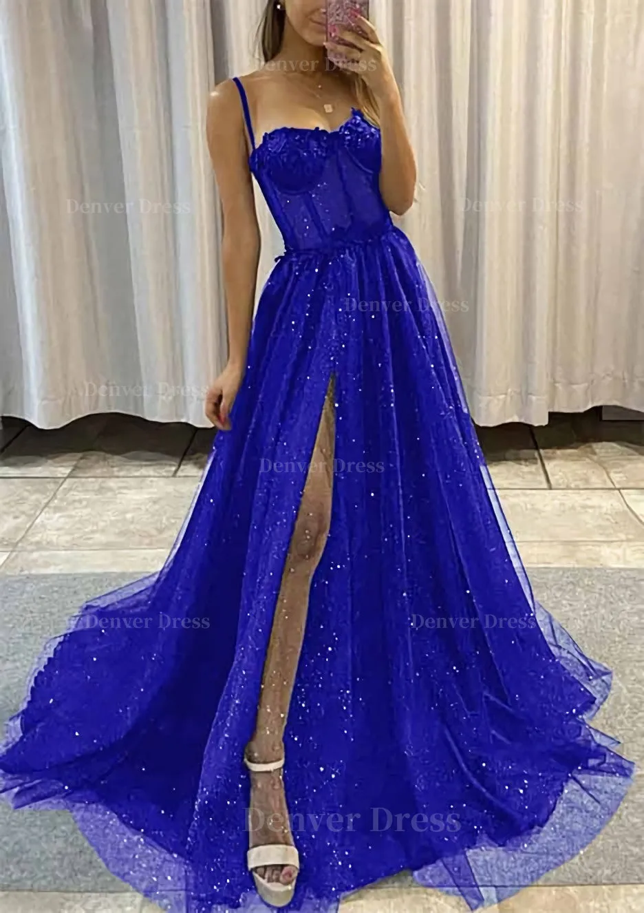 kamahe A-line Sweetheart Spaghetti Straps Sweep Train Tulle Glitter Prom Dress With Appliqued