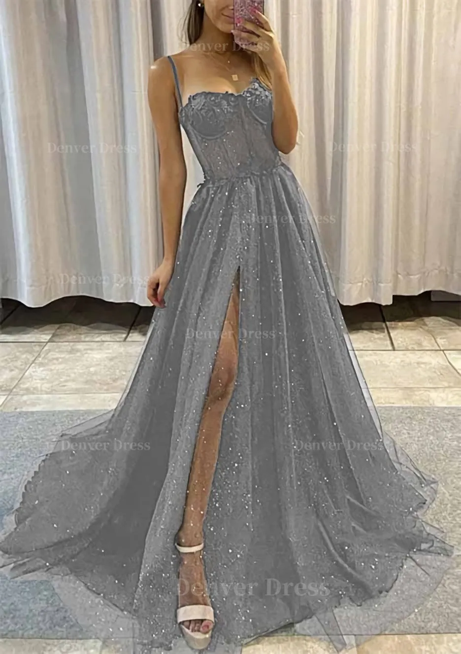 kamahe A-line Sweetheart Spaghetti Straps Sweep Train Tulle Glitter Prom Dress With Appliqued