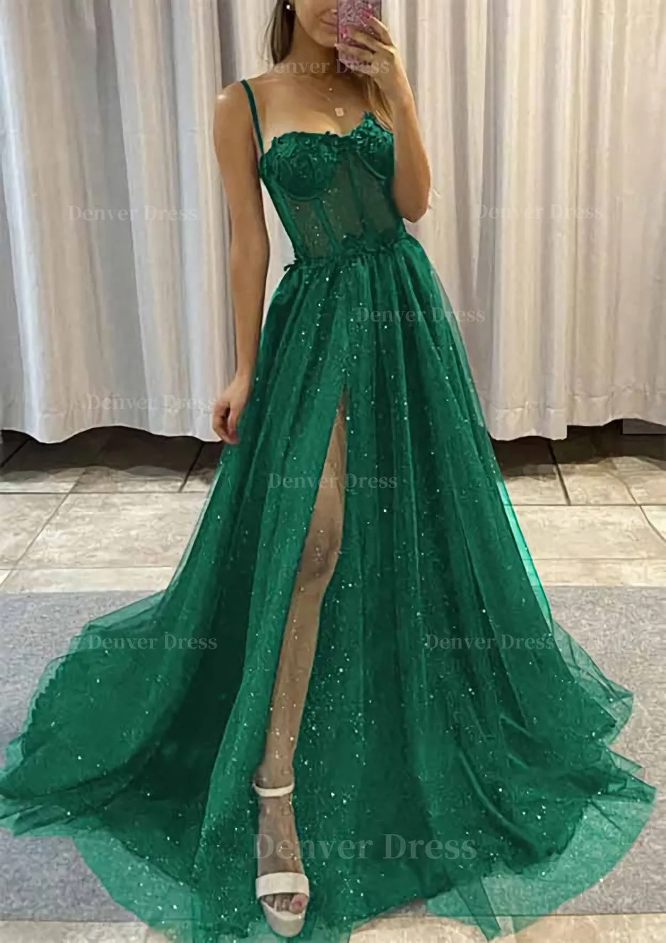 kamahe A-line Sweetheart Spaghetti Straps Sweep Train Tulle Glitter Prom Dress With Appliqued