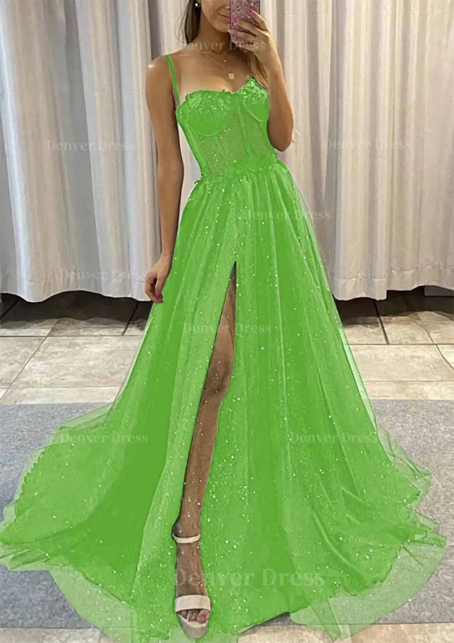 kamahe A-line Sweetheart Spaghetti Straps Sweep Train Tulle Glitter Prom Dress With Appliqued