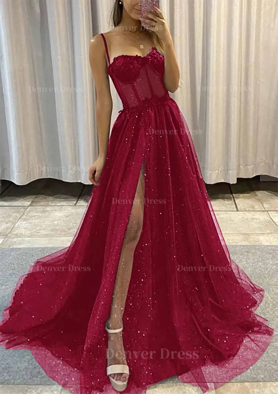 kamahe A-line Sweetheart Spaghetti Straps Sweep Train Tulle Glitter Prom Dress With Appliqued