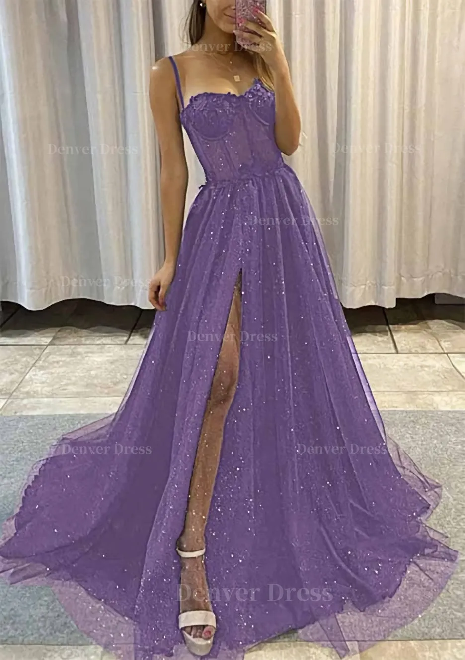 kamahe A-line Sweetheart Spaghetti Straps Sweep Train Tulle Glitter Prom Dress With Appliqued