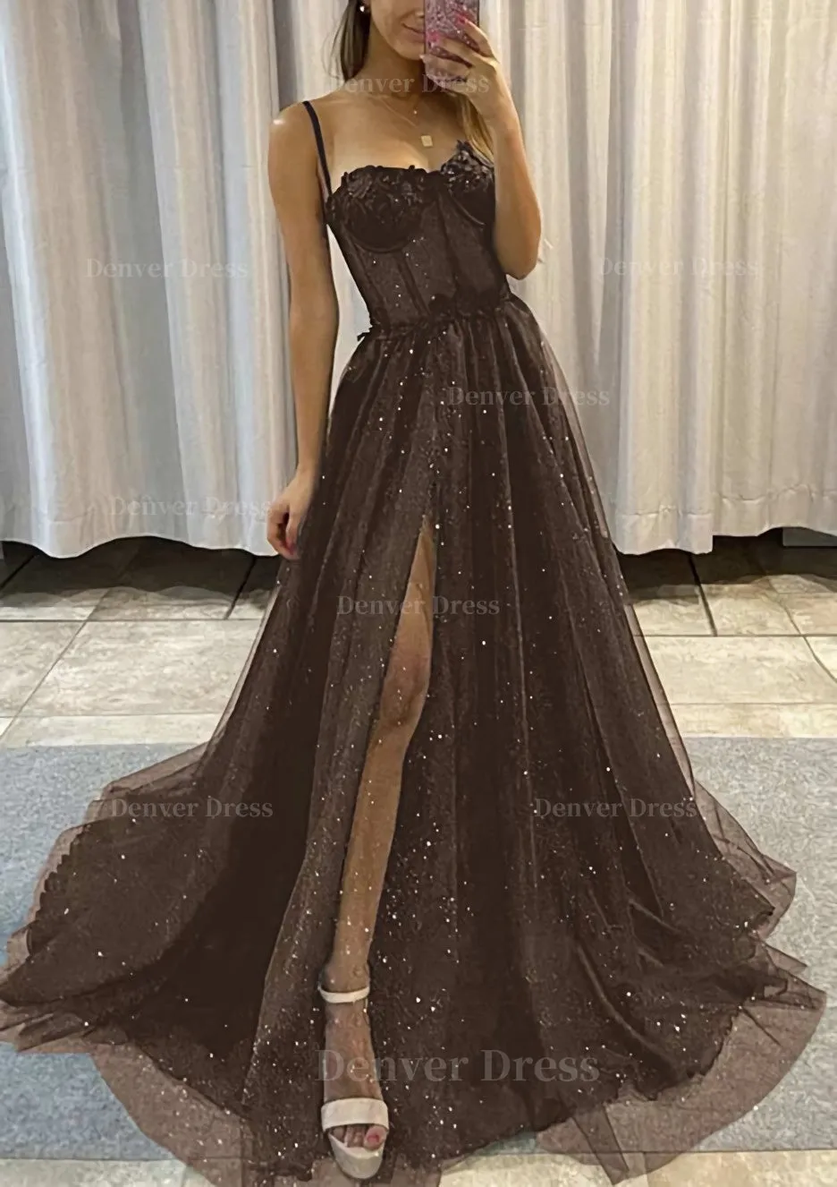 kamahe A-line Sweetheart Spaghetti Straps Sweep Train Tulle Glitter Prom Dress With Appliqued