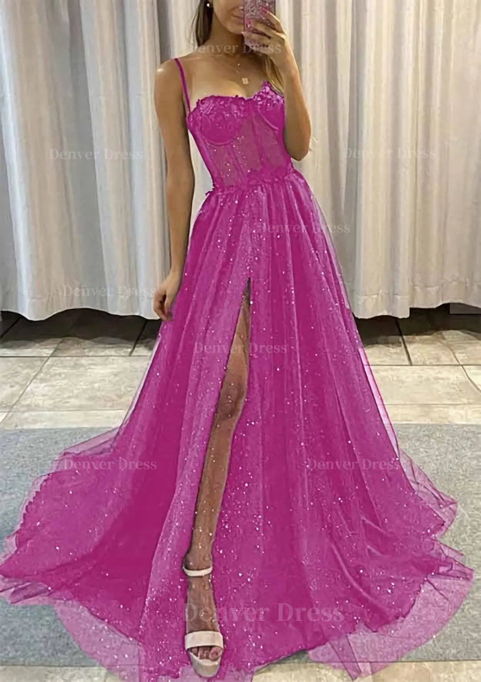 kamahe A-line Sweetheart Spaghetti Straps Sweep Train Tulle Glitter Prom Dress With Appliqued