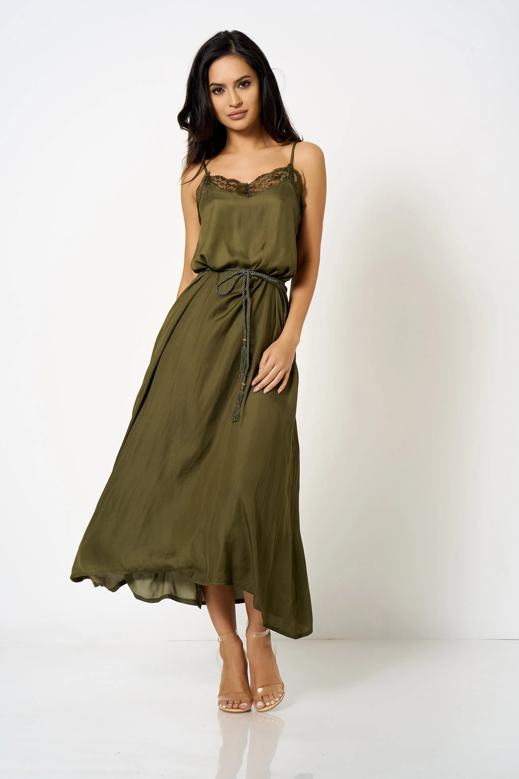 Khaki Lace Trim Cami Maxi Dress