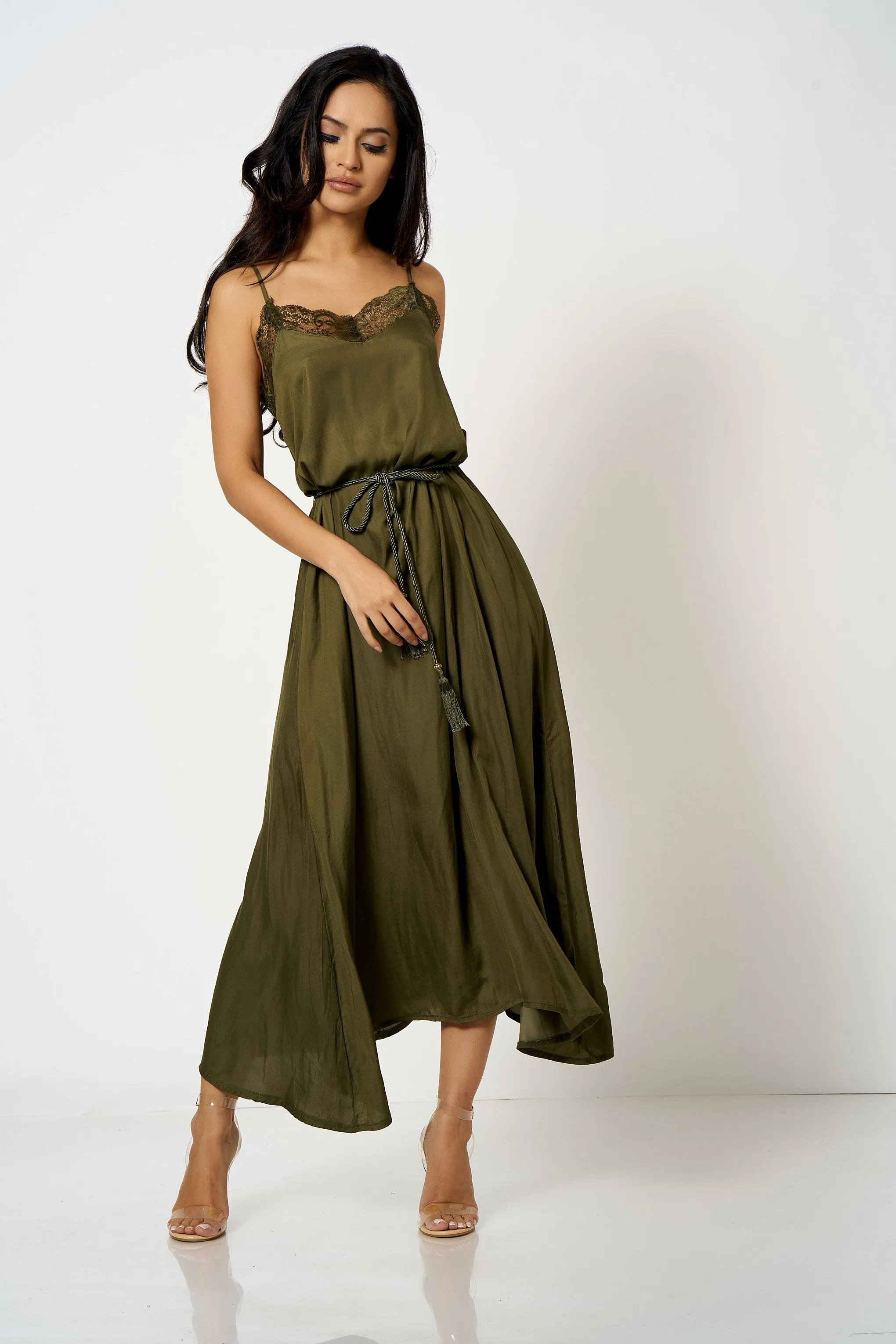 Khaki Lace Trim Cami Maxi Dress