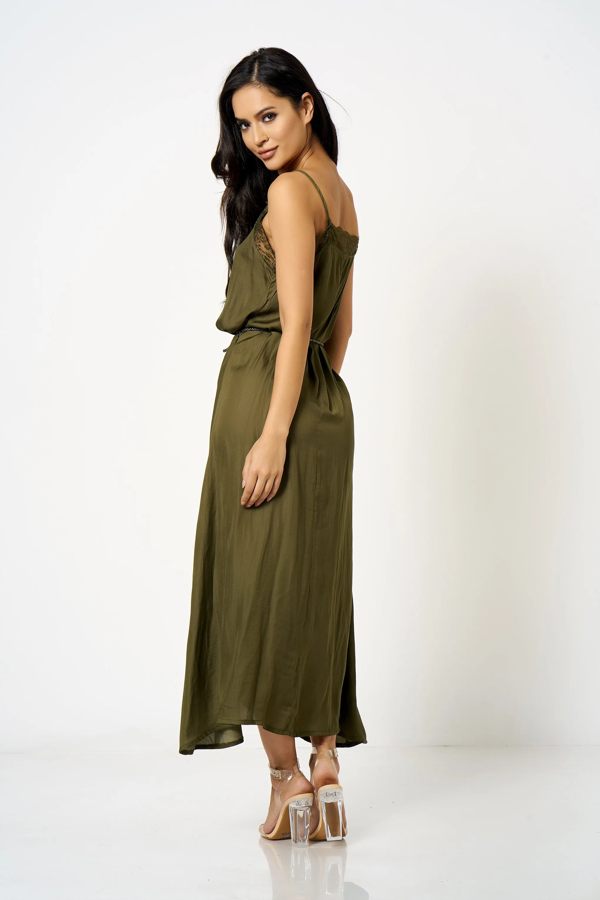 Khaki Lace Trim Cami Maxi Dress