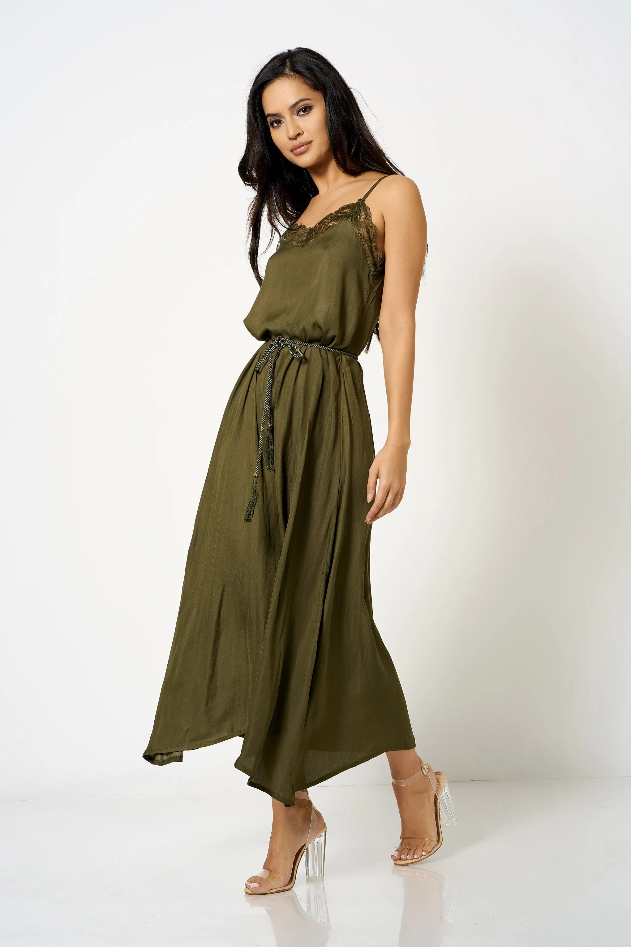 Khaki Lace Trim Cami Maxi Dress