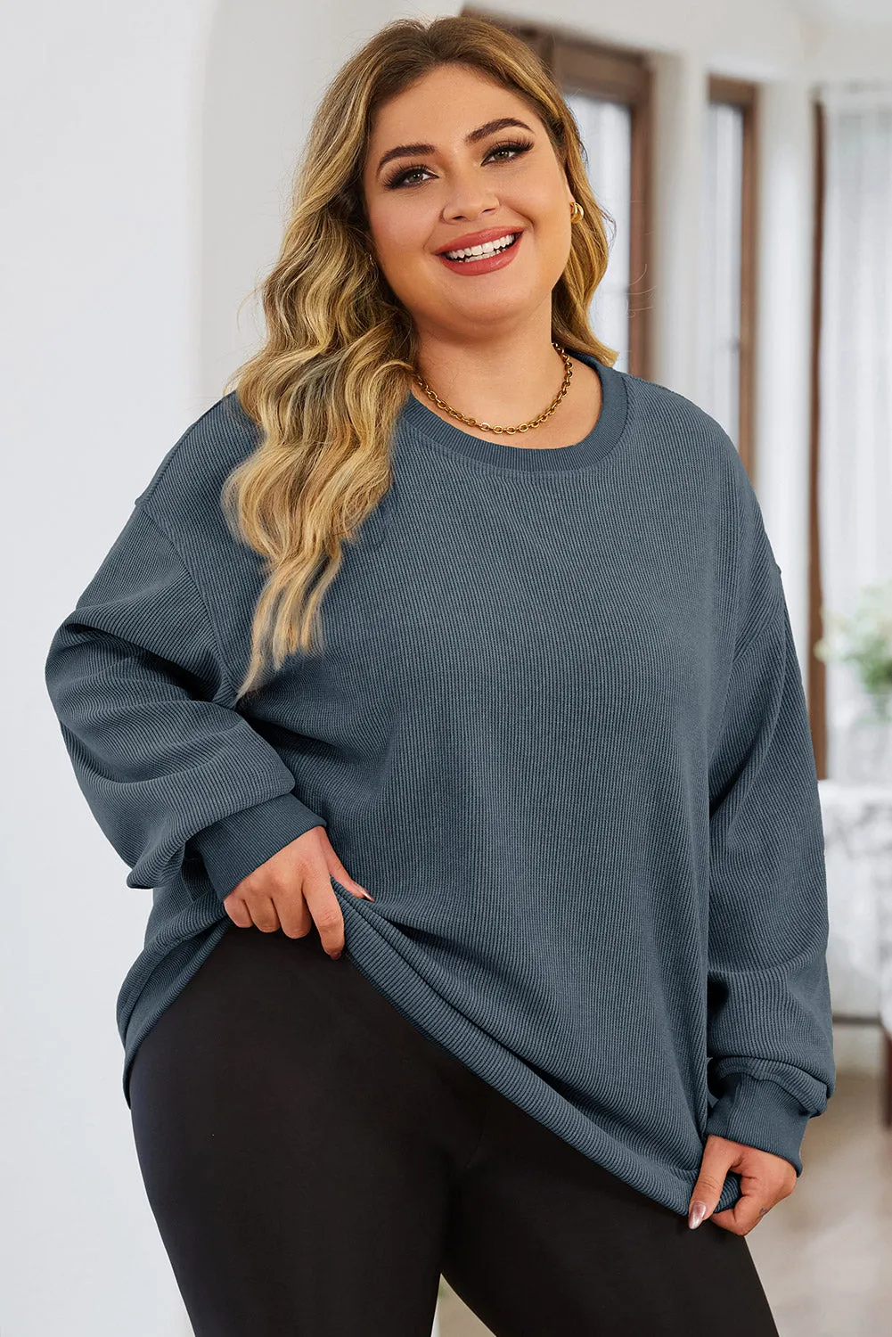 Khaki Solid Ribbed Knit Round Neck Pullover Sweatshirt