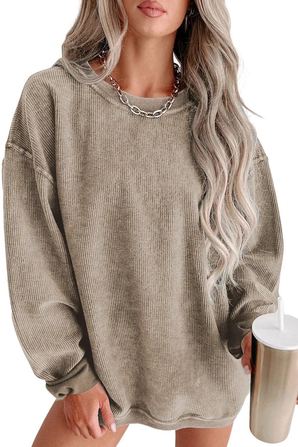 Khaki Solid Ribbed Knit Round Neck Pullover Sweatshirt