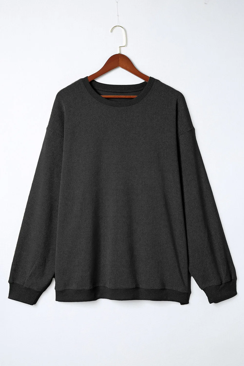 Khaki Solid Ribbed Knit Round Neck Pullover Sweatshirt