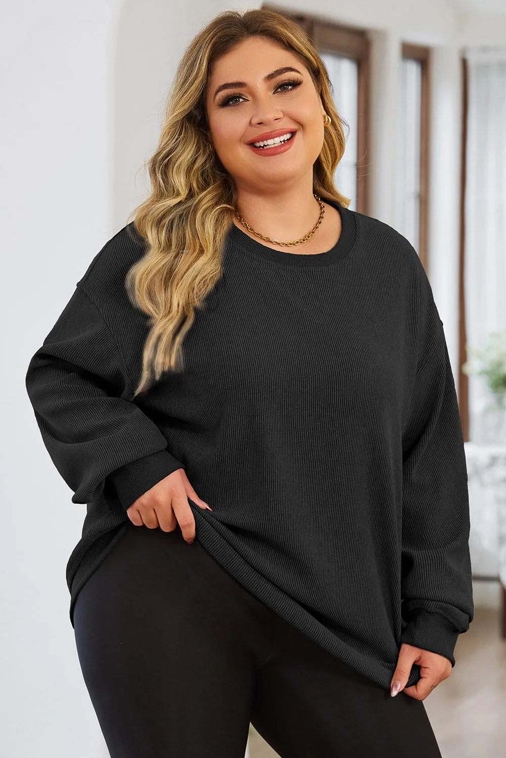 Khaki Solid Ribbed Knit Round Neck Pullover Sweatshirt