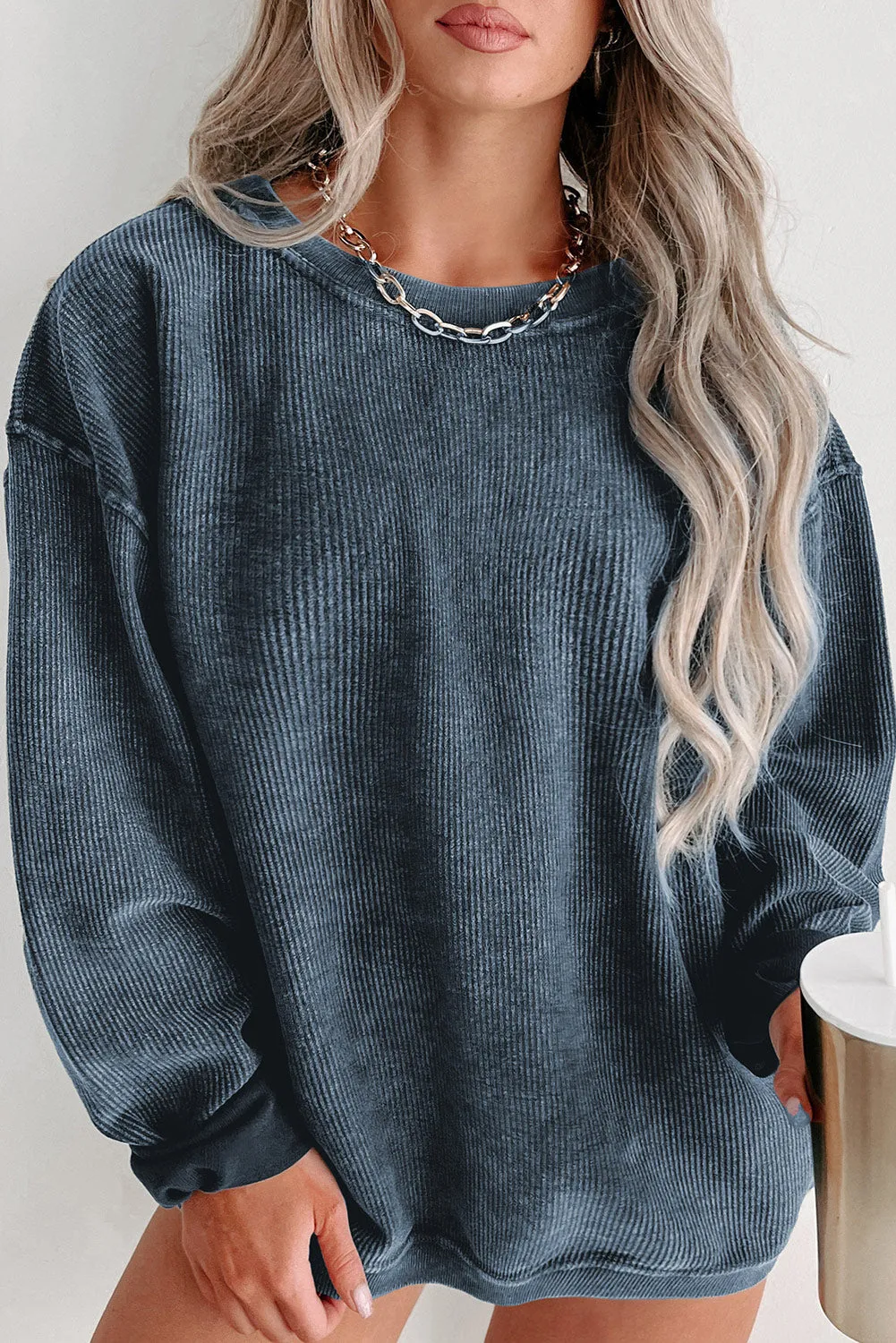 Khaki Solid Ribbed Knit Round Neck Pullover Sweatshirt