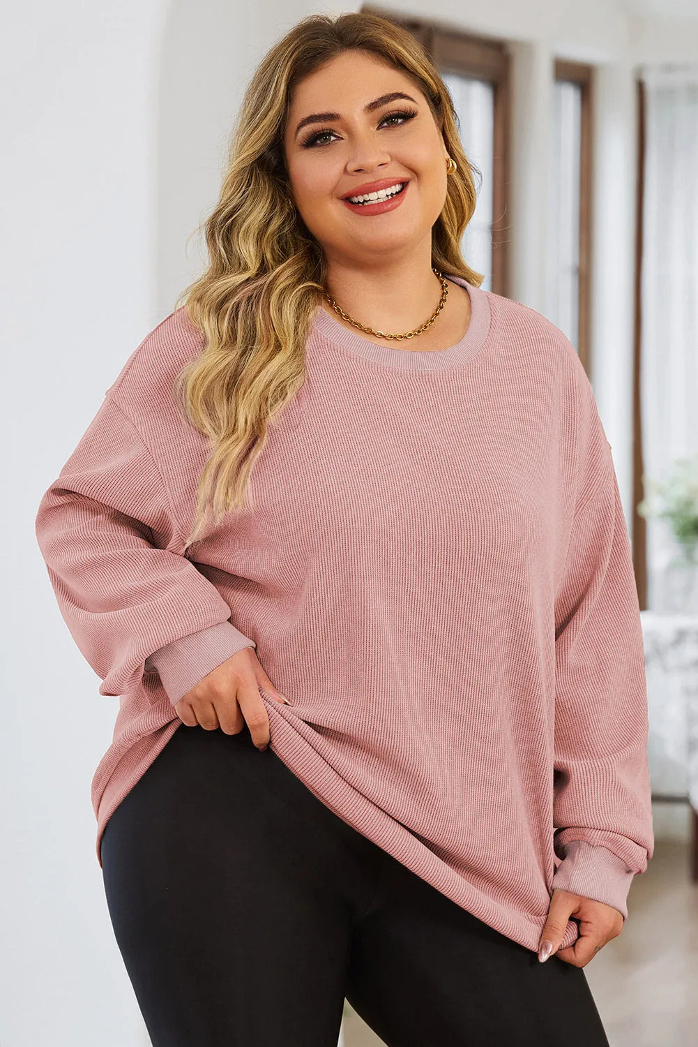 Khaki Solid Ribbed Knit Round Neck Pullover Sweatshirt