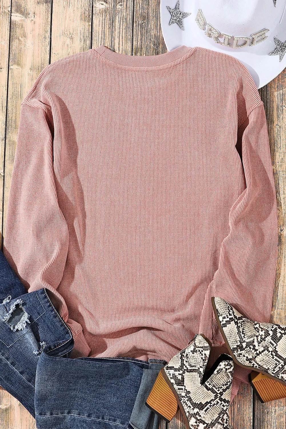 Khaki Solid Ribbed Knit Round Neck Pullover Sweatshirt