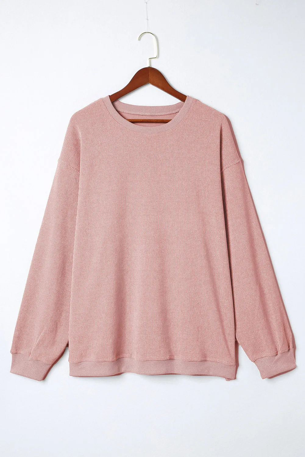 Khaki Solid Ribbed Knit Round Neck Pullover Sweatshirt