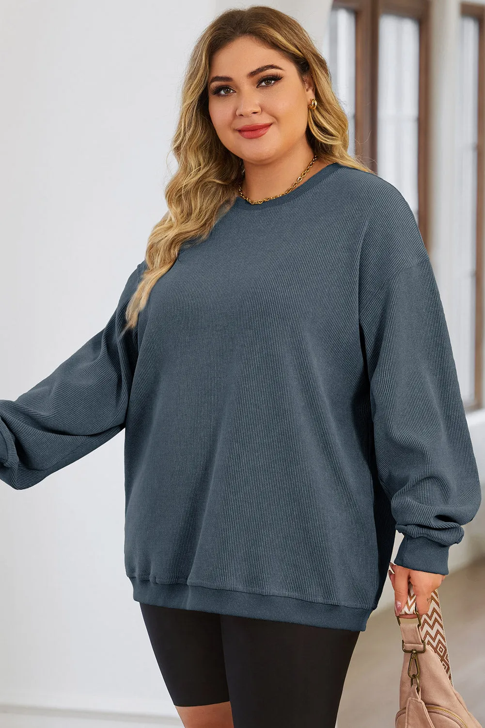 Khaki Solid Ribbed Knit Round Neck Pullover Sweatshirt