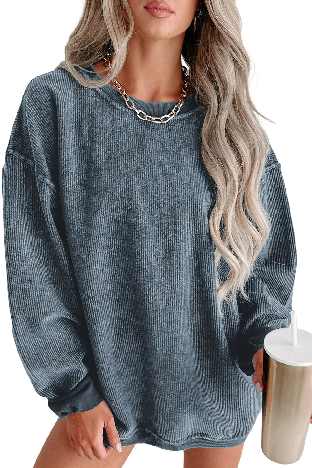 Khaki Solid Ribbed Knit Round Neck Pullover Sweatshirt