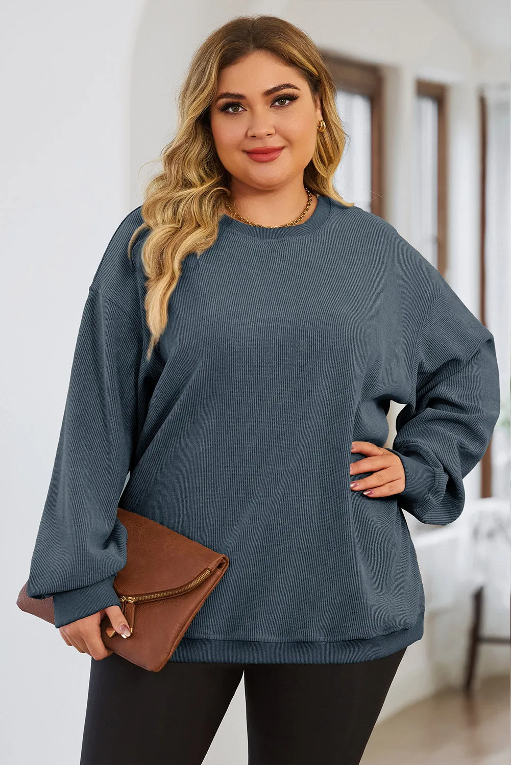 Khaki Solid Ribbed Knit Round Neck Pullover Sweatshirt