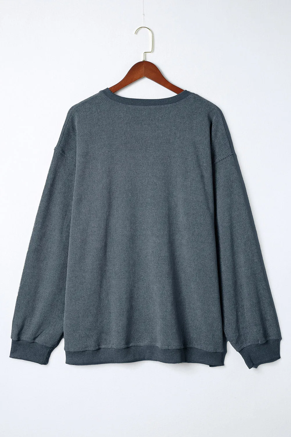 Khaki Solid Ribbed Knit Round Neck Pullover Sweatshirt